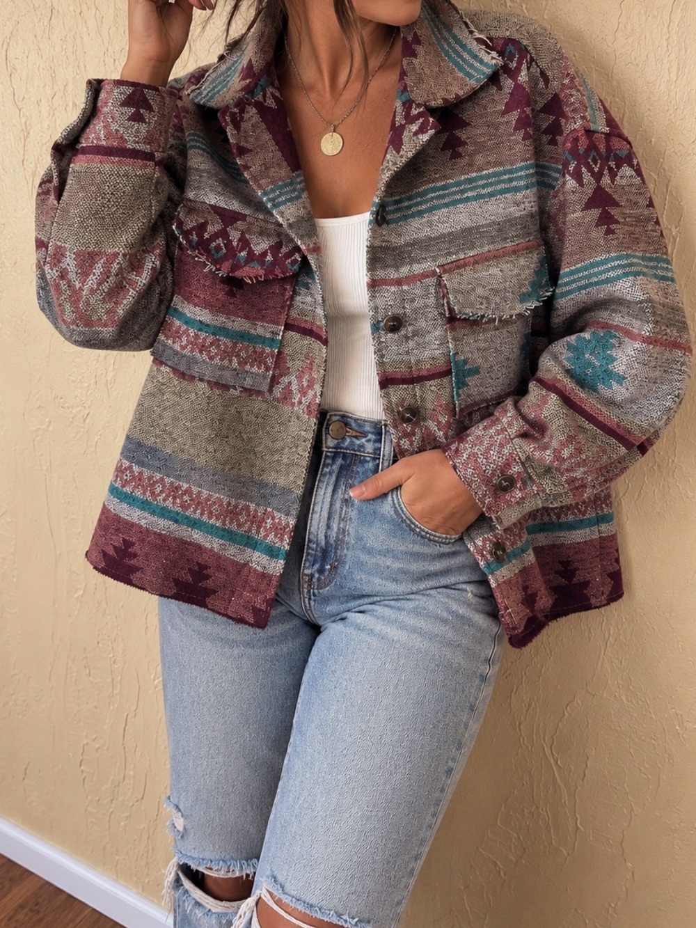 Aztec-Print Utility Shacket in Burgundy & Teal